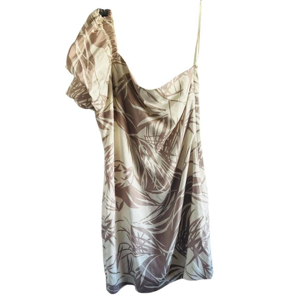 Reiss One-Shoulder Botanical Print Slip Dress in Beige and Taupe